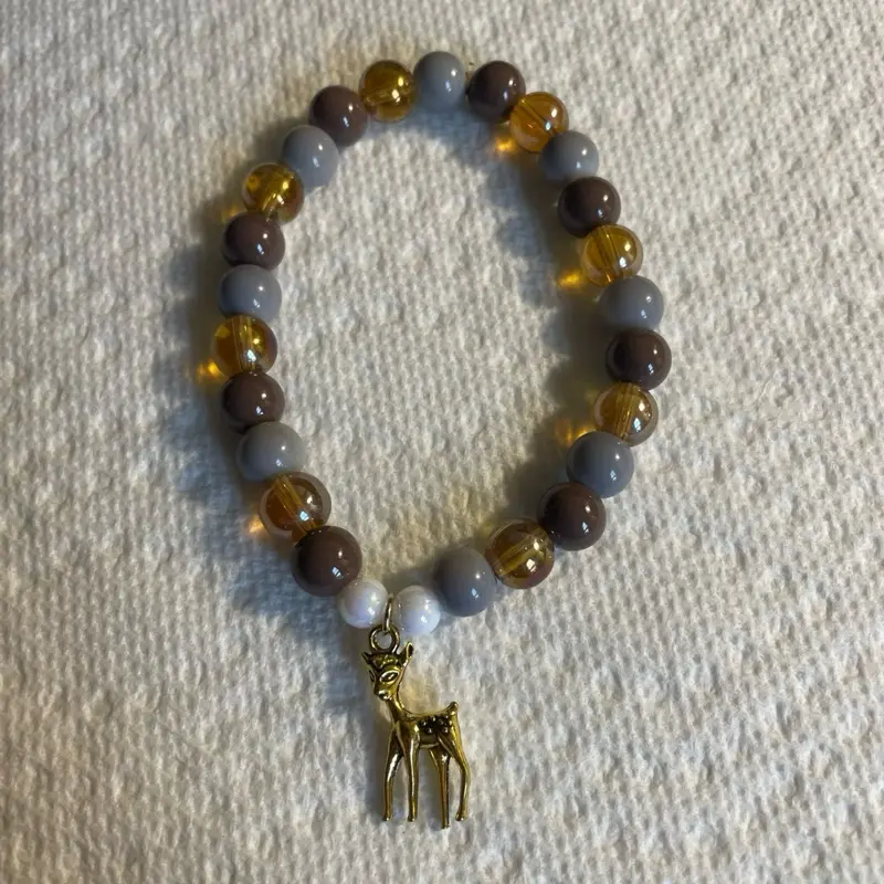 Deer Spirit: Brown & Gray Glass Beaded Bracelet with Clear Brownish Bead and Deer Charm – Handmade Jewelry