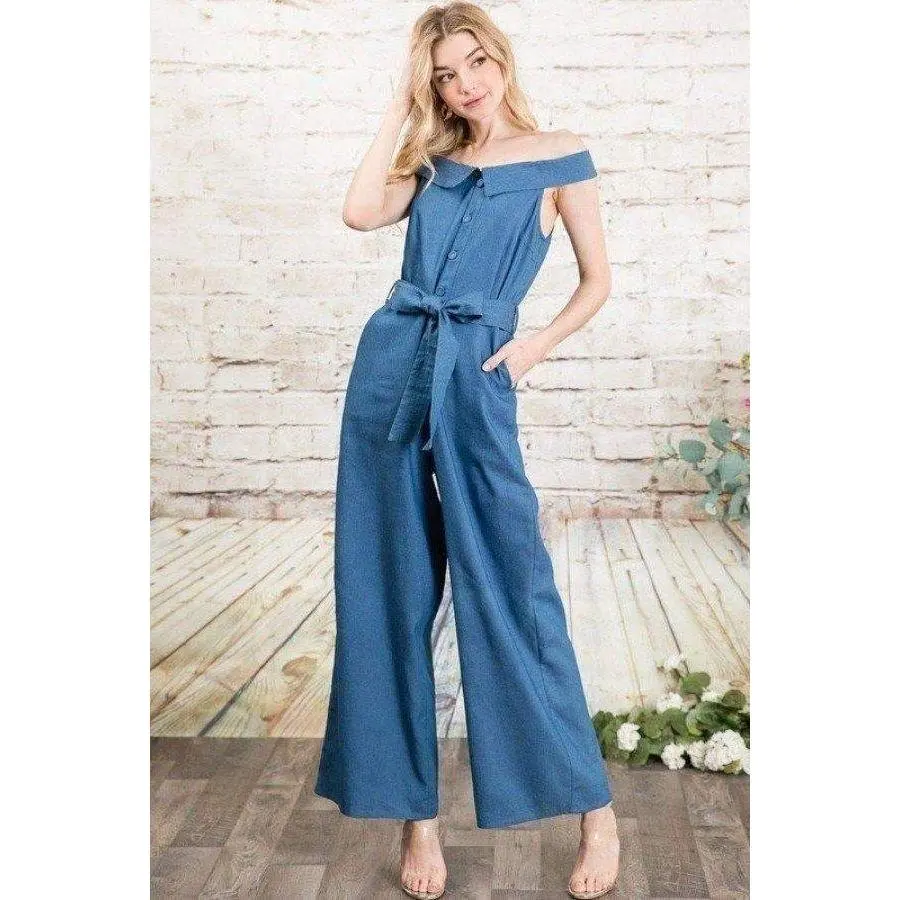Fold-over Collar Detailed Button Down Off-shoulder Chambray Denim Wide Leg Palazzo Jumpsuit With Waist Tie