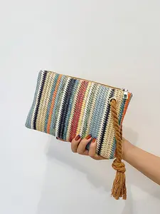 Women's Fashion Straw Clutch Bag, Elegant Woven Envelope Purse, Designer Handbag, Summer Beach Shoulder Bag, Casual Geometric Print