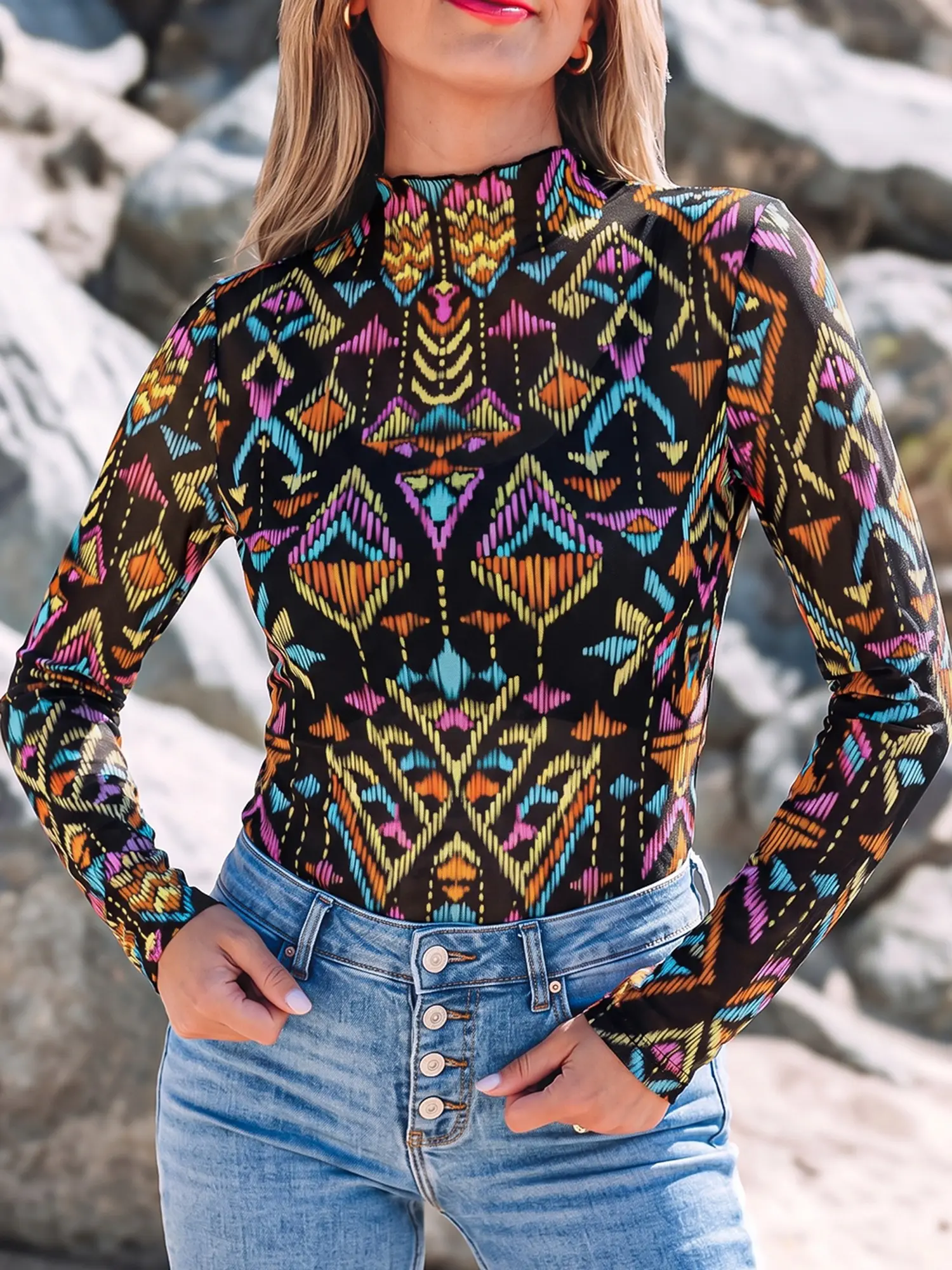 Boho Southwestern Geometric Mesh Top Women Casual Mock Neck Long Sleeve Blouse