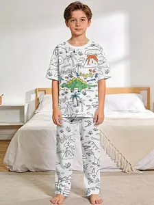 Dinosaur graffiti fun 2-piece set for boys: short-sleeved pajamas with digital printing and long sleep pants, made of flame-retardant fabric. A fashionable, trendy, casual, comfortable and soft pajama set, suitable for sleeping and home leisure.
