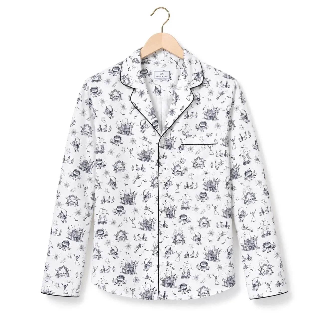 Halloween Pattern Shirt Casual, Festive Spooky Season Top Ghostly Print Blouse Witch Broom Shirt Haunted House Apparel Skeleton Dance Top