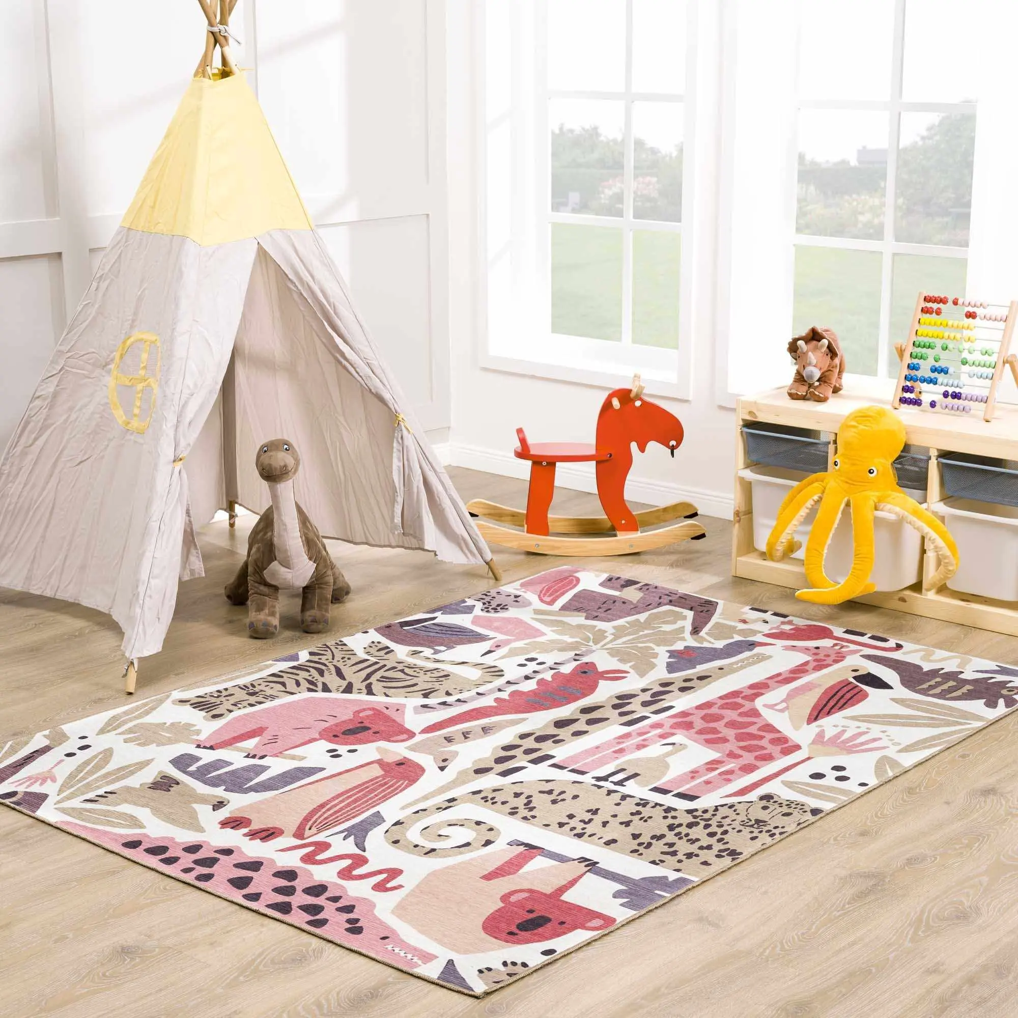Kids' Natal Animal Print Nursery Rug, Machine Washable Floor Rug for Home Use, Machine Washable Rug Kids' Natal Animal Print Nursery Rug, Machine Washable Floor Rug for Home Use, Machine Washable Rug