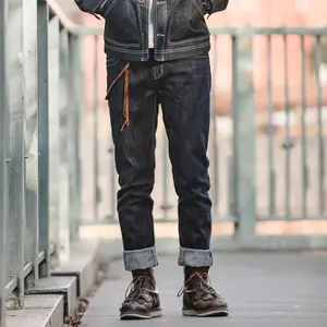 14oz Selvedge Raw Denim Jeans Horsehair Leather Patch Straight Fit Jeans Men's Spring and fall Paris Buckle Pants