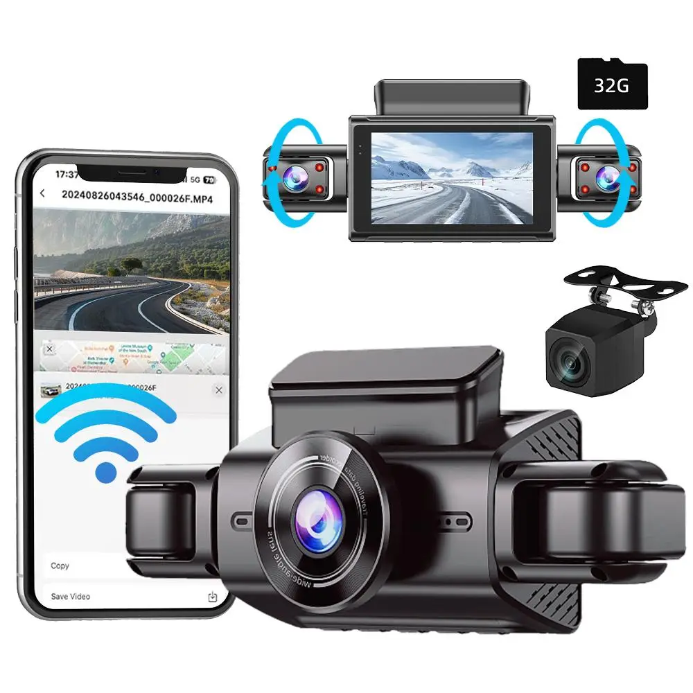 4 Lens Car Recorder, 1080P HD Car Camera, 3" IPS Screen Dash Cam Front and Rear with G-Sensor, WiFi Car DVR with Loop Recording, Car Video Surveillanc