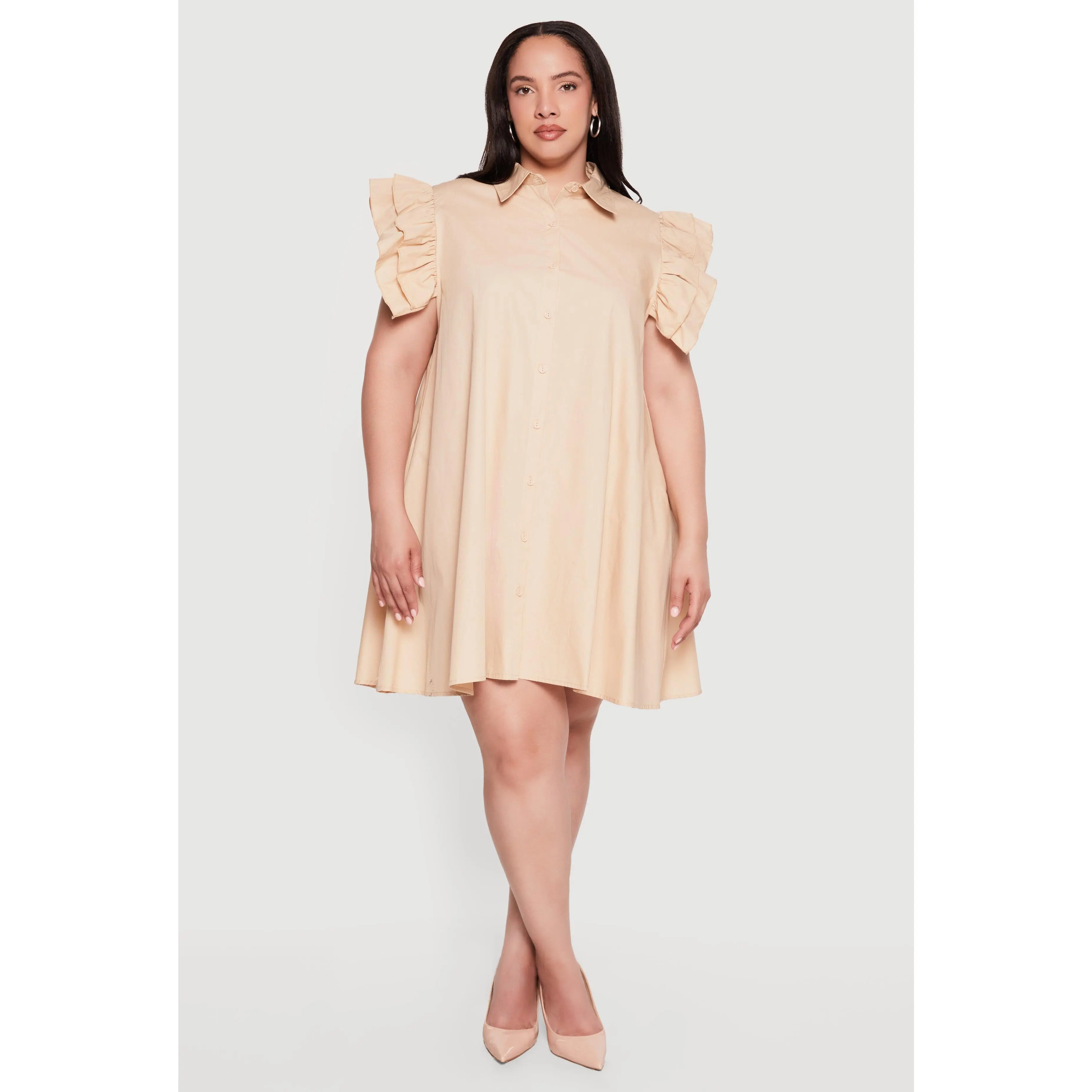 Plus Size Poplin Ruffle Sleeve Midi Shirt Dress