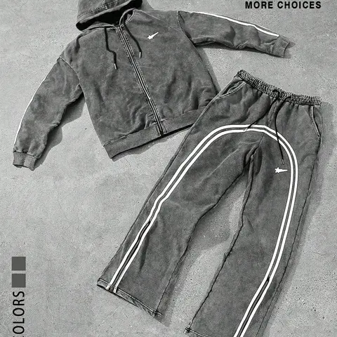 Two street-style sweatshirt sets, Loose tracksuit for young men, with loose design and pockets, cotton fabric, worn-out washable, suitable for casual sports and daily wear, Casual Sporty Set