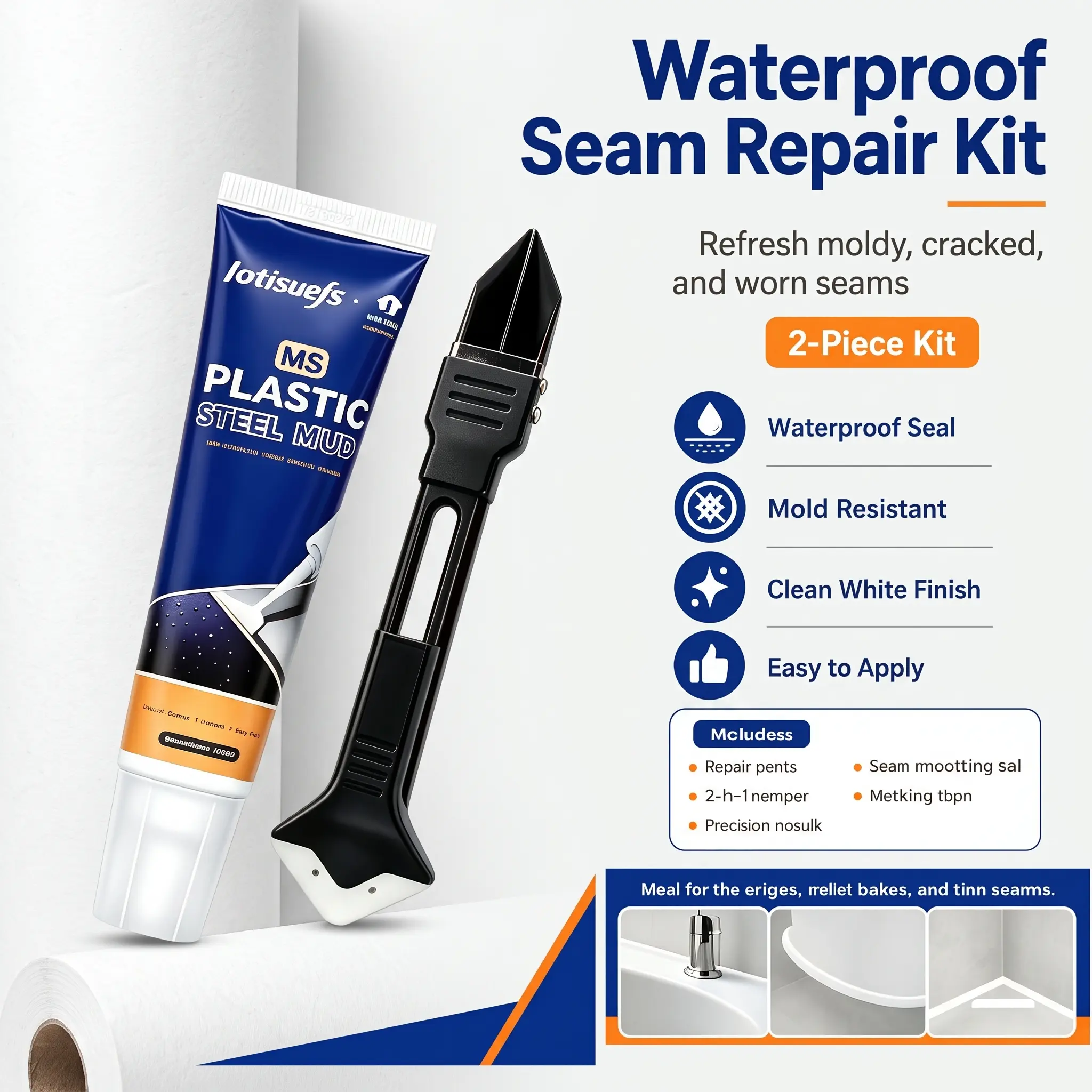 Home Improvement 2-Piece Waterproof Repair Kit - Clean White Paste Form Caulk, 2-in-1 Scraper, Strong Adhesive Gapfiller Grout Sealer, Mold-Resist Leak-Proof Sealant for Bathtubs, Countertops, Indoor Use