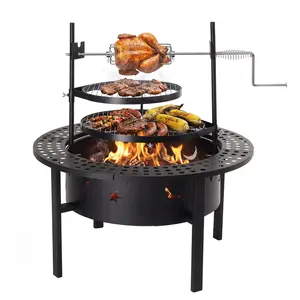 33 Inch Outdoor Fire Pit with 2 Grills, Wood Burning Firepit with Swivel Cooking Grate, Removable Swivel Grill for Backyard Patio Outside Picnic BBQ camping gear Foldable Double-Sided