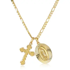 KissYan Jewelry Virgin Mary Cross Necklace For Women Men, 14K Gold Plated Catholic Jesus Pendant, Religious Jewelry Gift