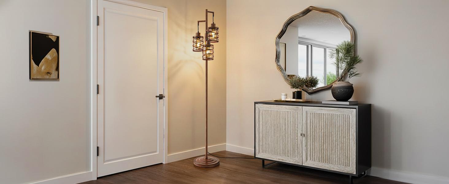 70" Farmhouse Dimmable Floor Lamp, Walnut Brown Industrial Metal Cage Standing Lamp with 3 LED Bulbs, Stepless Dimming Tall Tree Lamp for Living Room, Bedroom, Office, Corner 70" Farmhouse Dimmable Floor Lamp, Walnut Brown Industrial Metal Cage Standing Lamp with 3 LED Bulbs, Stepless Dimming Tall Tree Lamp for Living Room, Bedroom, Office, Corner