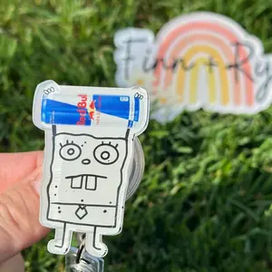 Cartoon Doodle holding Energy Drink Badge Reel