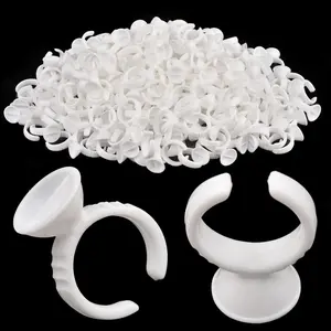 [300PCS] Lash Extension Glue Ring, 2 Slots Lash Glue Holder Sticker, Glue Cup Pallet, Glue Cup for Lash Tech, Lashes Ring Holder, Nail Art Ring Cup, Eyelash Extensions Supplies White Makeup Cosmetic