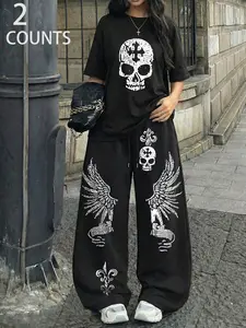 Women's Casual Street Style Skull Wings Print Round Neck T-Shirt and Drawstring Pants Set, Summer Fashion, Sleeveless Fitted H-Type