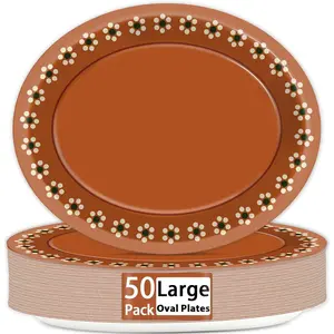 50 PCS Mexican Terracotta Oval Paper Plates Large 11" Disposable Platos De Barro Mexicanos Party Decorations Mexican Terracotta Flower Supplies Favor for Baby Shower Birthday Party Tableware Set