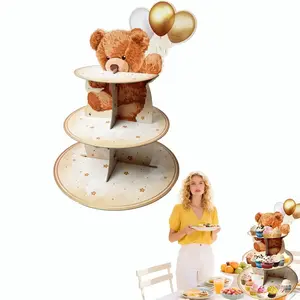 1pcs Three-Tier Bear Paper Cupcake Stand, Easy Assembly, Reusable Paper Cake Holder, Perfect for Baking and Parties