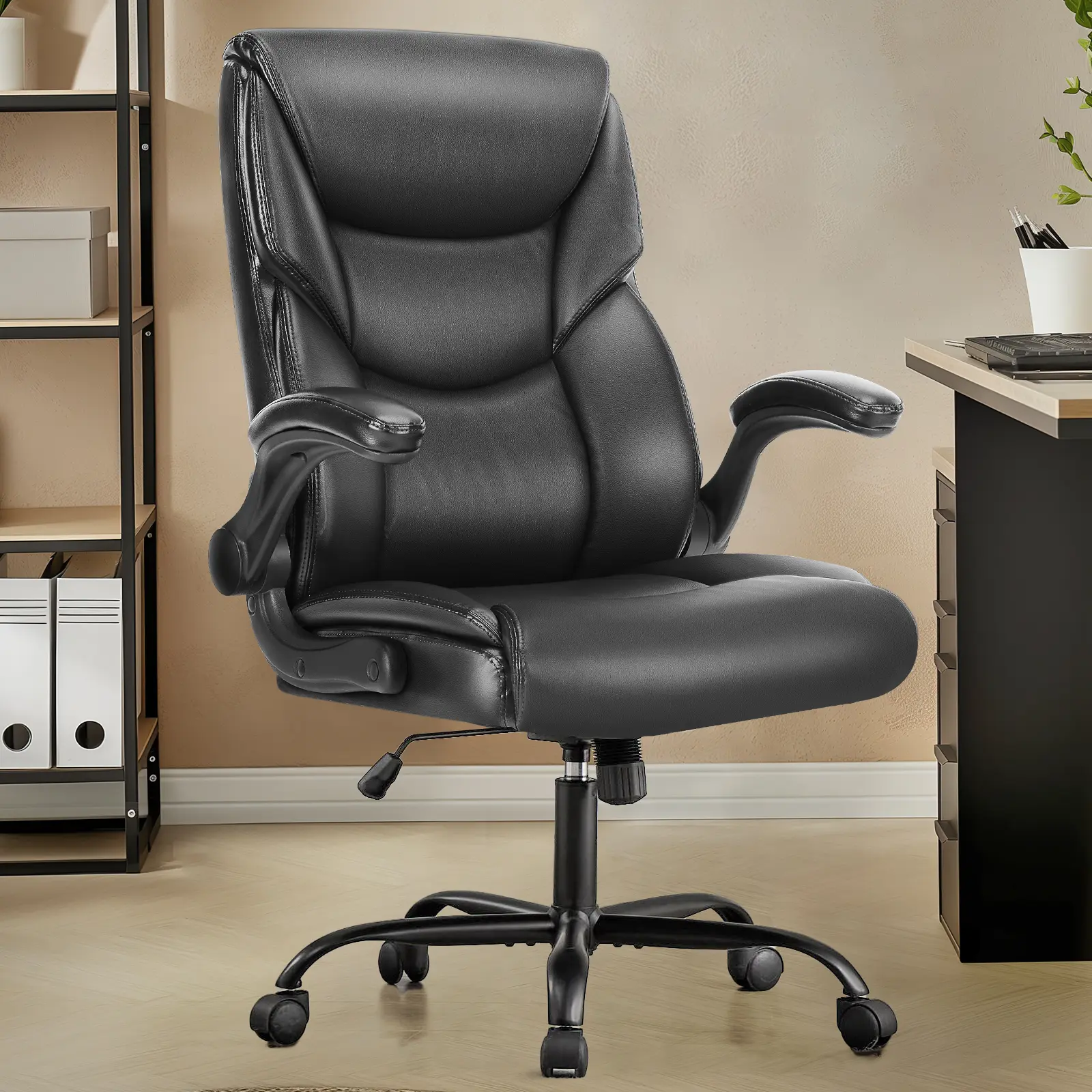 Sweet Furniture S Adjustable High-Back Ergonomic Computer Desk Chair - Home Office Chair with Flip-Up Adjustable Armrest, Lumbar Support, Strong Metal Base, PU Leather, Ergonomic Computer Chair
