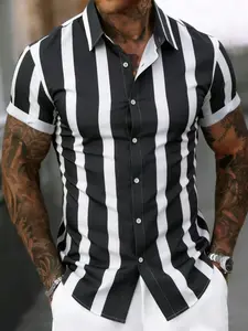 Men's Striped Print Short Sleeve Shirt, Regular Fit Casual Comfy Breathable Top for Summer, Men's Clothes for Beach Vacation