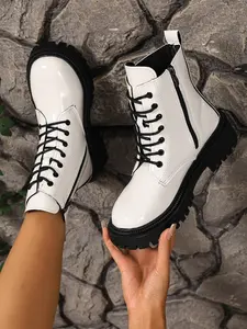 Women's Punk Gothic Zipper Motorcycle Boots, Lace-Up Design, Multiple Colors Available, Casual Outdoor Wear, Fall & Winter