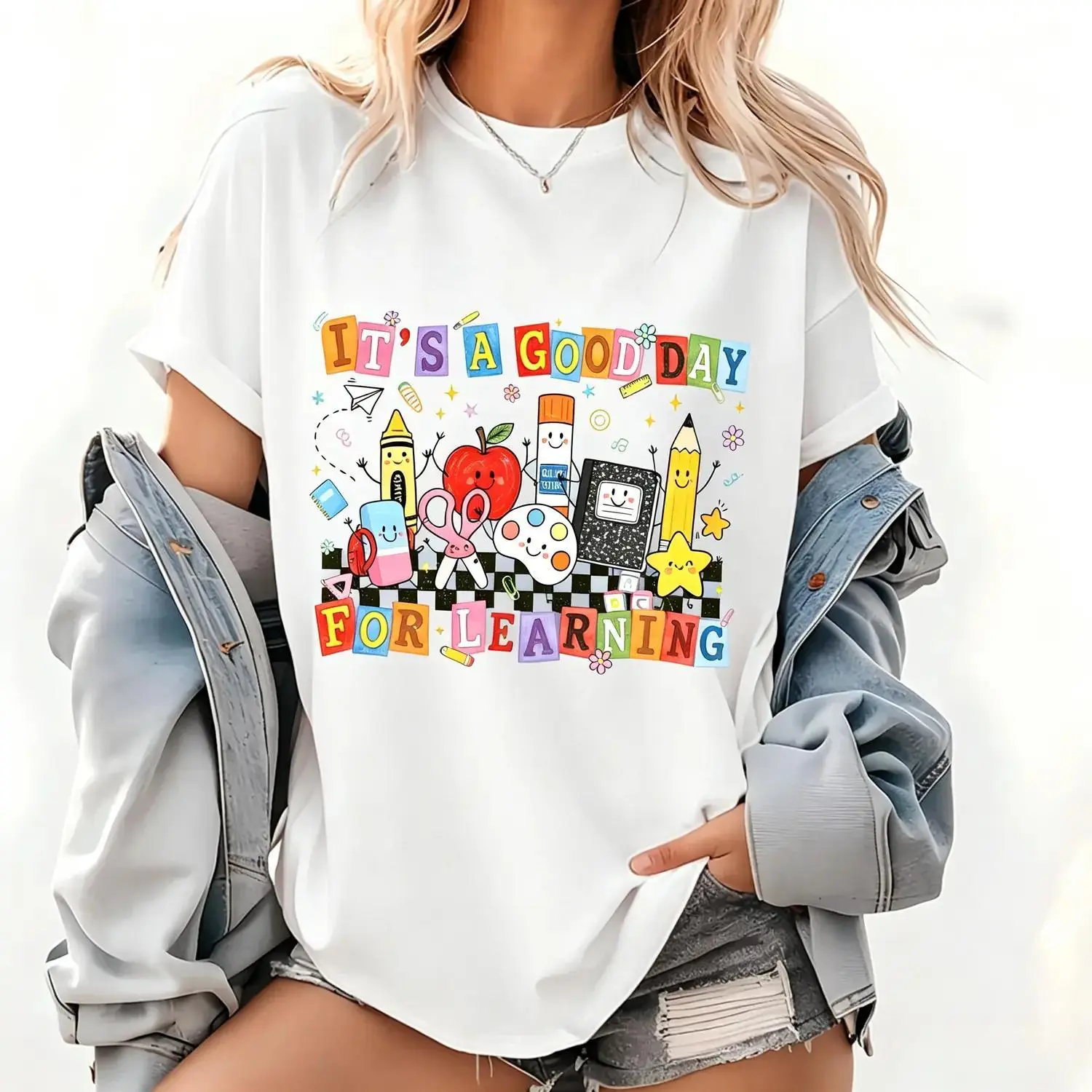Back to School Happy First Day of School Cute School Supplies Teacher T Shirt Graphic Tee Casual School Spirit Classroom Gift