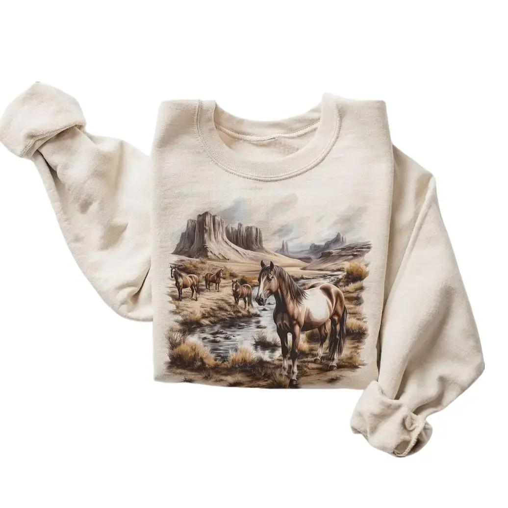 Women's Retro Wild Horses Desert Canyon Fall Scene Cotton Sweatshirt - 90's Vintage, Ash, Casual, Long Sleeve, Round Neck, Boho Unisex Garment, Horse Lover Gift Pullover