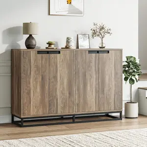 55 in Brown Modern Credenza - Adjustable Storage, Handle, Large Capacity, Natural, Openable Sideboard Buffet Cabinet with 4 Openable Doors and Shelves, Accent Coffee Bar for Kitchen, Dining Room, Adjustable Storage Sideboards, Handle Sideboards