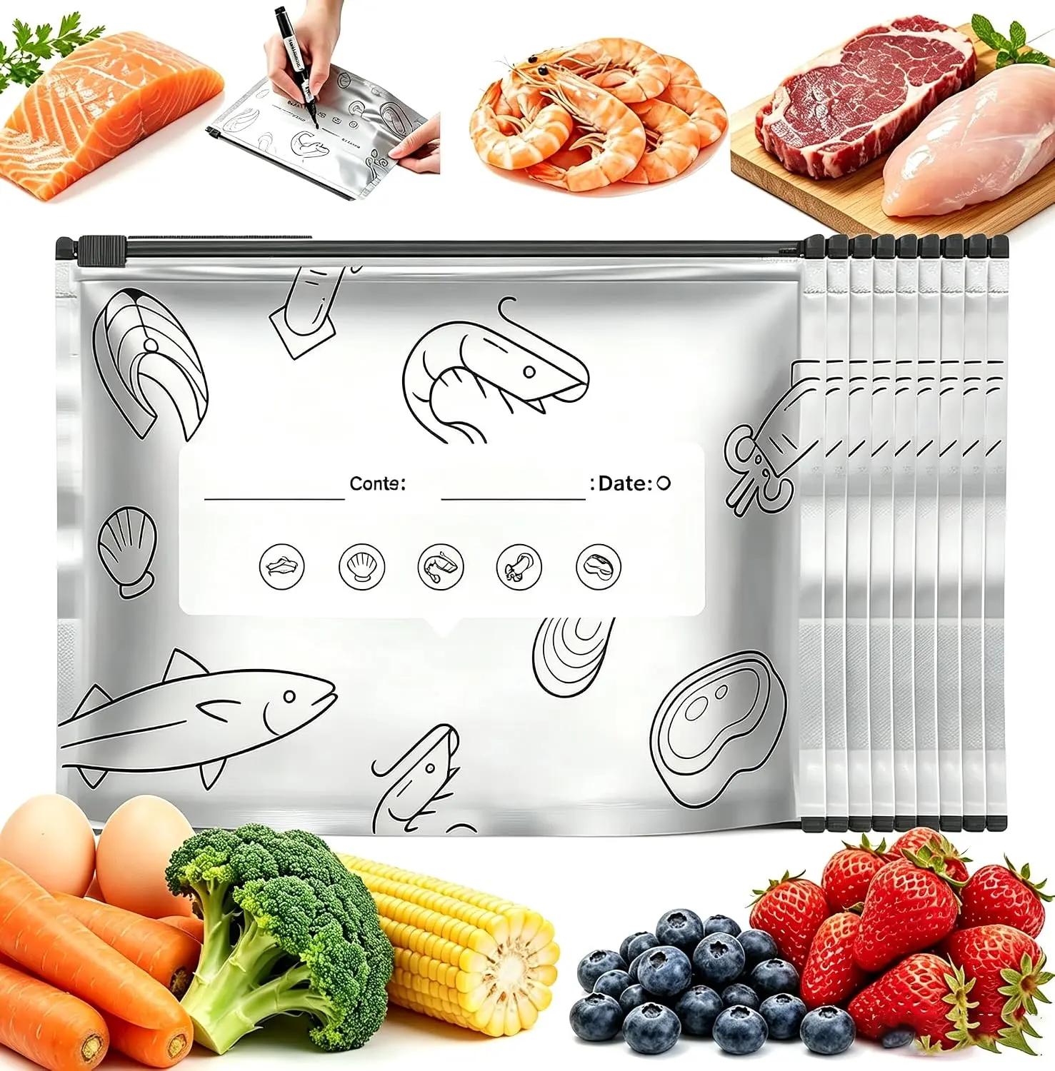 Reusable Aluminum Foil Freezer Storage Bags for Kitchen, Stand-Up Zip Seal Pouches with Writable Labels, Thick Waterproof Leakproof Washable Bags for Freezing Seafood Meat, Containers