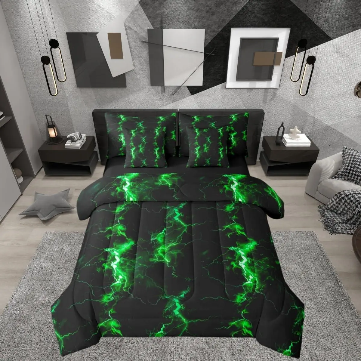 Lightning Pattern Black Green Adults 7 Piece Bedding Set,Neon Light Aesthetic Comforter Bed Set with Sheets,Abstract Modern Art Bed Bag,Ombre Bed Set