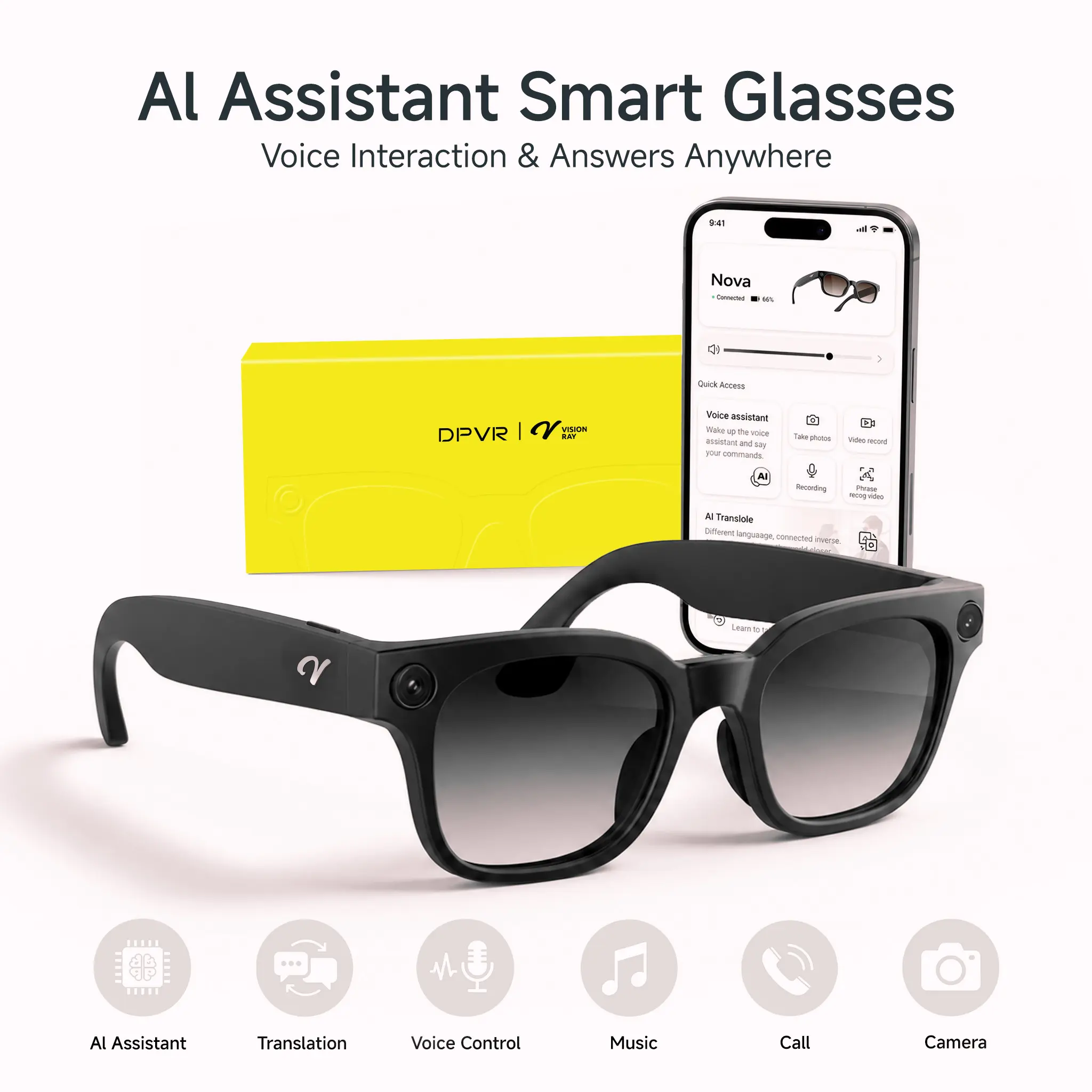 Nova AI Wearable Smart Glasses - 12MP Camera, Photochromic Lenses, AI Voice Assistant, Open-Ear Audio, Bluetooth Calling, Magnetic Hands-Free Photo & Video Recording Eyewear