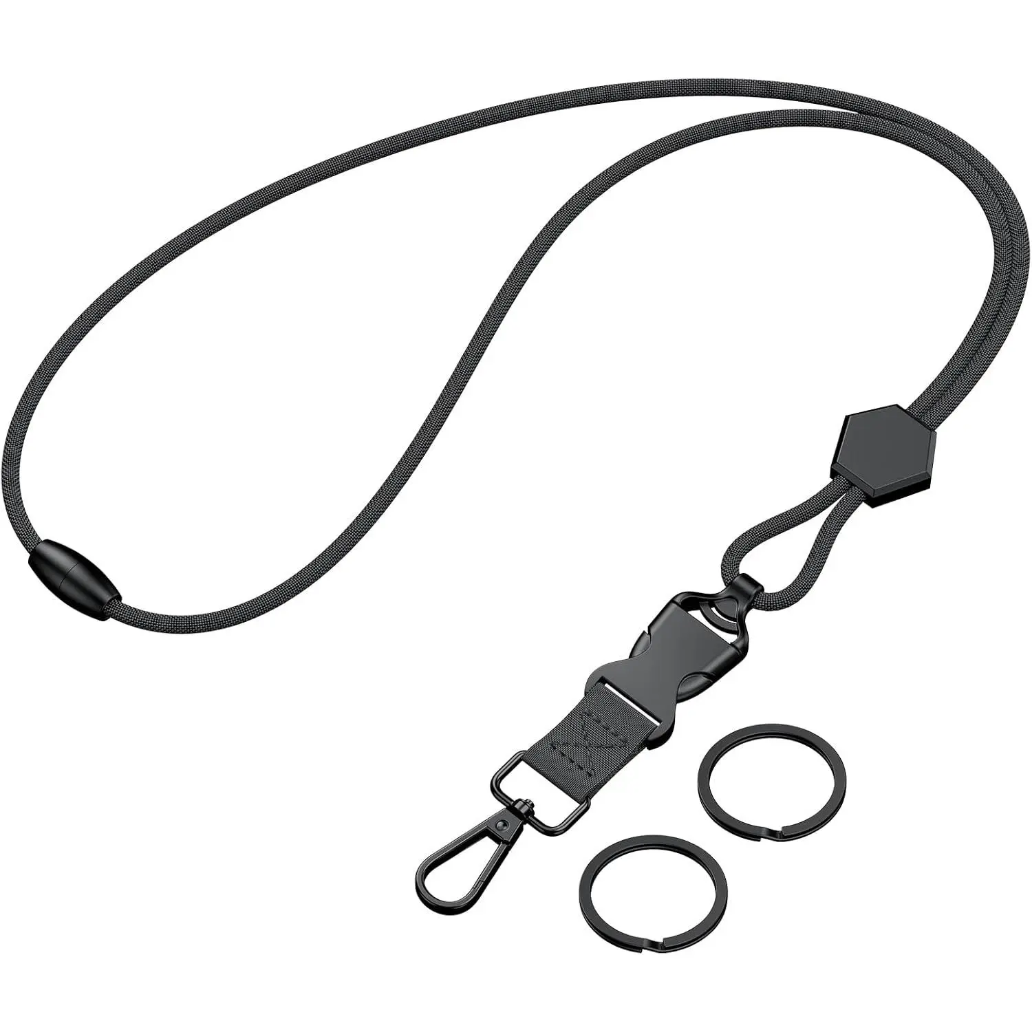 Heavy Duty Polyester Breakaway ID Badge Lanyard for Adults, 5mm Thick Synthetic Round Cord, Safety Breakaway Buckle, Detachable Buckle, 24.5in Flexible Length Adjuster, Swivel Hook, Key Rings, Safety Clip, Black, Essential Life Helper