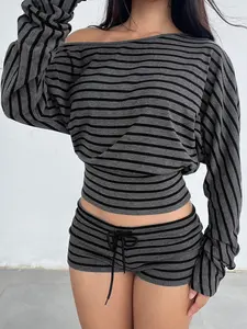 Women's Striped Asymmetrical Shoulder Long Sleeve Top + Short Pants Set, Outfit, Casual Fall, Loose Fit, Fitted, Waist Cinching, Slimming Design