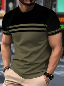 Men's Striped Colorblock Printed T-Shirt, Round Neck Short Sleeve, Casual Fashion Summer Top, Streetwear for Daily