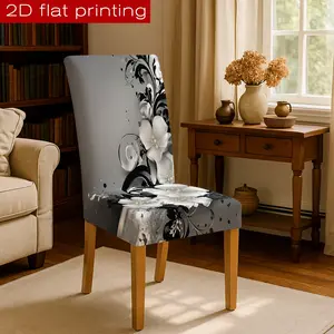 1pc/2/4/6pcs Black and White Floral Digital Printed Pattern Elastic Chair Cover, Dining chair cover, removable and reusable, suitable for home, festival, formal occasion and other decorations