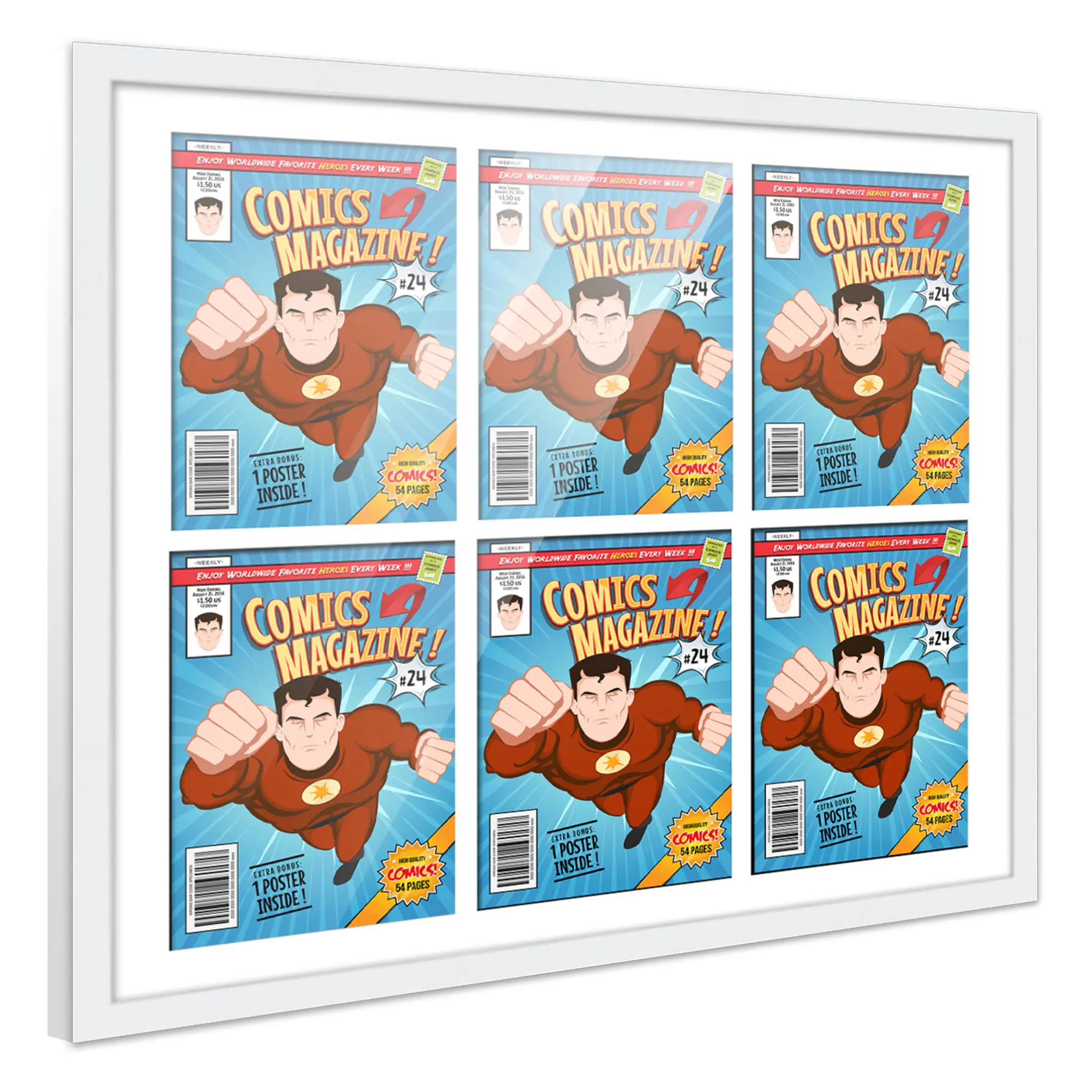 Comic Book Frame with Mat for 6 Current Era Comics Published After 1985 - White Wood Comic Frame With White Mat for 6.875x10.5 Comics - 29x26 Frame Size