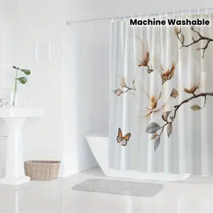 2D Flat 1Pc Elegant Daffodil and Butterfly Shower Curtain - Soft beige floral design with creamy white daffodils, realistic natural scene, 71x71inch, includes 12 hooks, machine washable polyester, tranquil home bathroom decor, bathroom curtain