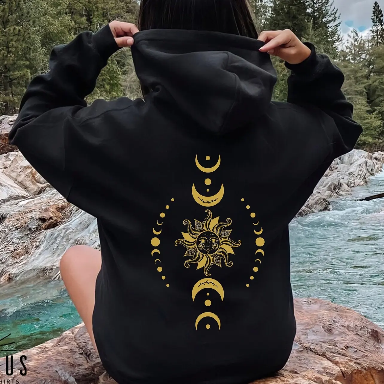 Women's Celestial Astros Hoodie, 2-Sided Boho Sun and Moon Print, Casual Long Sleeve Spiritual Cotton-Blend Fleece Sweatshirt, Sweatshirts, Loose, Tops, Clothes, Baggy, Oversize
