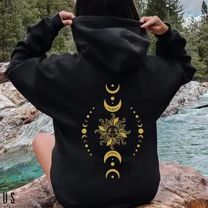 Celestial Sun and Moon Phases Hoodie, 2-sided Mystical Moon Hoodie, Astrology Gifts for Women, Aesthetic Spiritual Shirt, Boho Sun Shirt