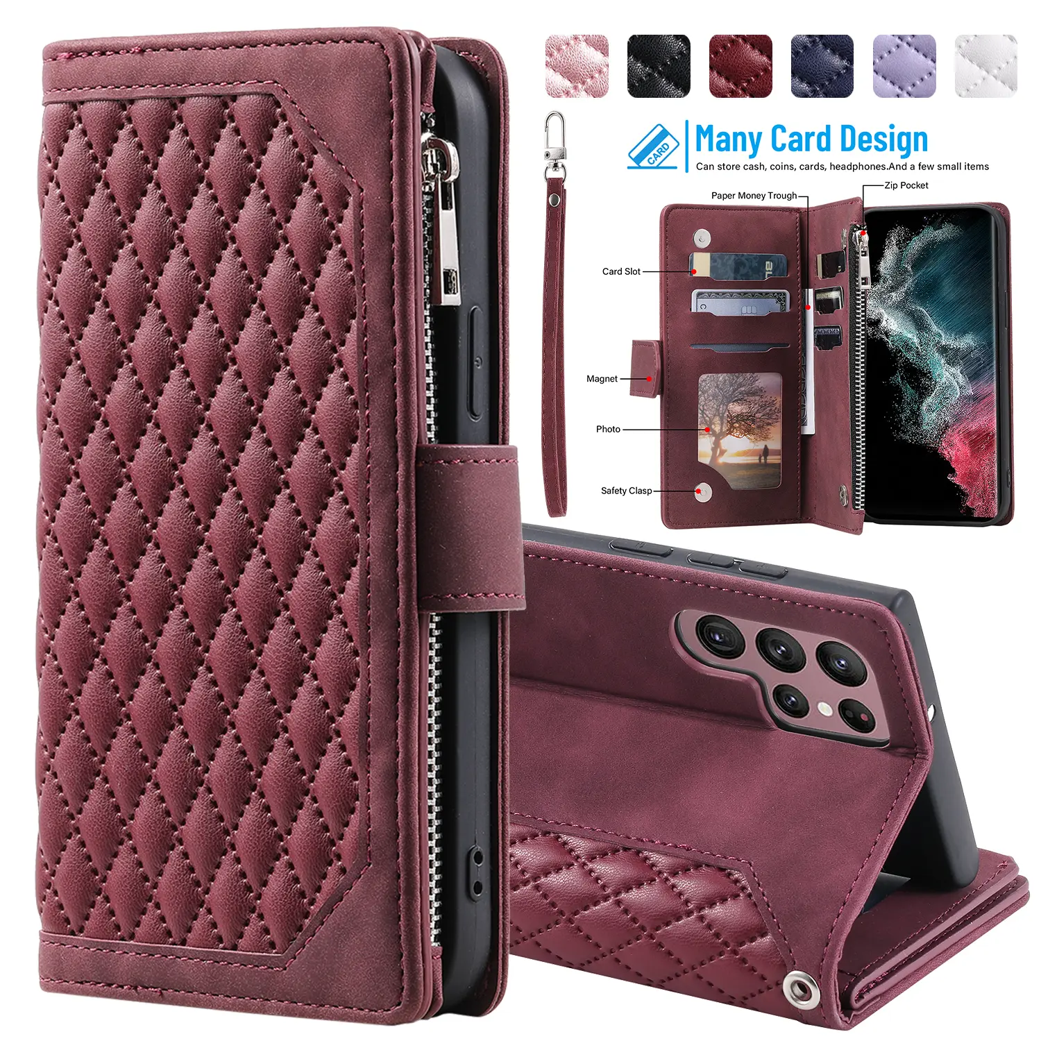 Wallet Phone Case for Samsung Galaxy S25 Ultra S24 S23 S22 Leather Phone Case, Card Holder Slots Zipper Pocket Handbag Case PU Leather Magnetic Closure Kickstand with Wrist Strap Flip Purse Case