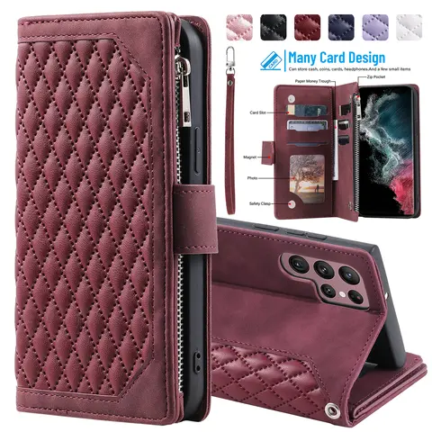 Wallet Phone Case for Samsung Galaxy S25 Ultra S24 S23 S22 Leather Phone Case, Card Holder Slots Zipper Pocket Handbag Case PU Leather Magnetic Closure Kickstand with Wrist Strap Flip Purse Case