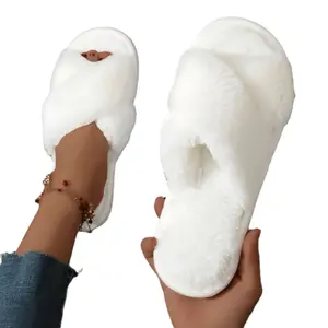 Women's Fuzzy Slippers Cross House Slippers Open Toe