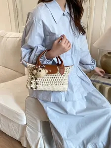 2026 New Grid Cotton Beach Bag, Simple Handmade Solid Color Woven Shoulder Bag, Dumpling Bag, Beach Vacation Crossbody Handbag