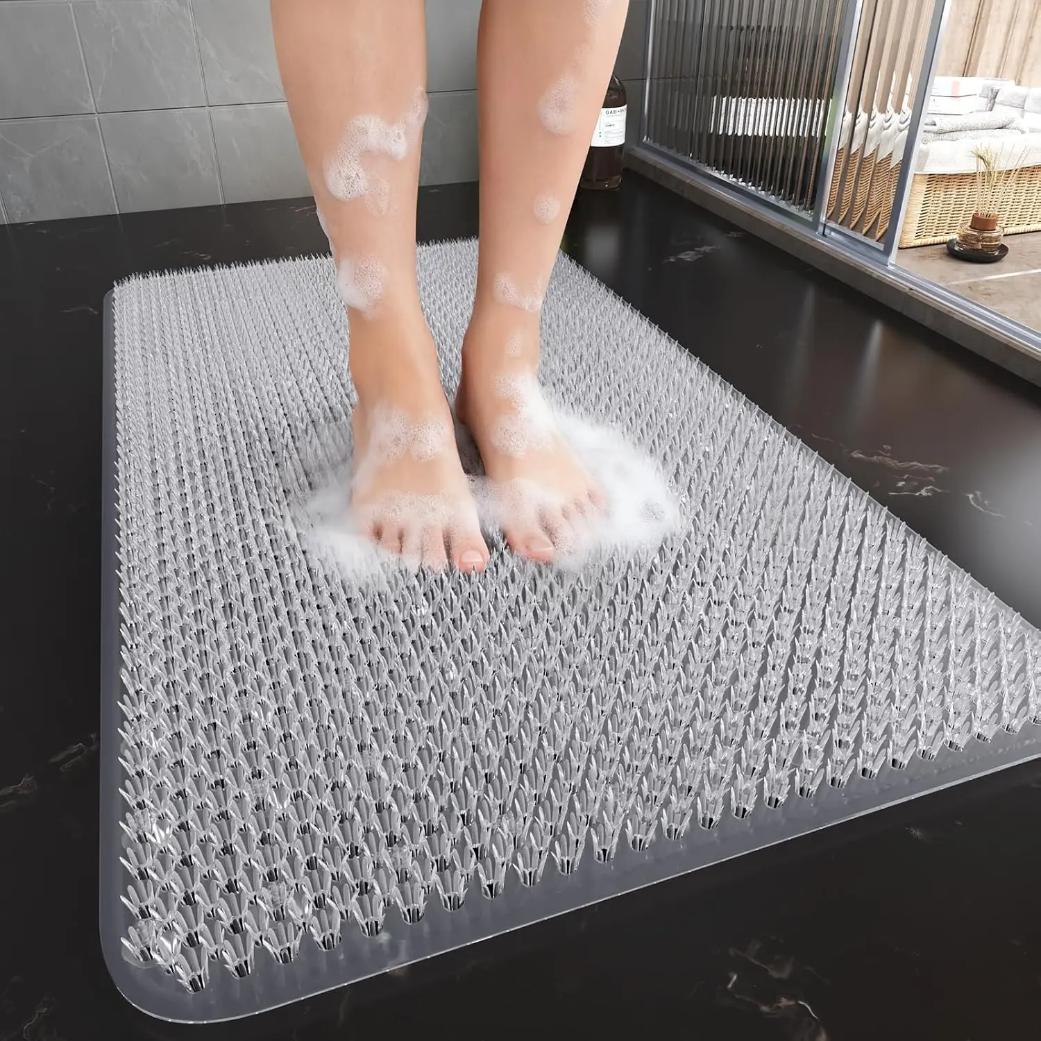 Shower Foot Scrubber Mat, Non Slip Shower Mat Transparent 16"x27"| Exfoliating With Suction Cups And Drain Holes, Quick Drying Soft Mat, Machine Washable Drainage Mat