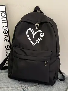 Cute Casual Spring Summer Backpack, Large Capacity Heart-Shaped Cat Dog Paw Prints, Unisex Everyday Travel Commuting Gift