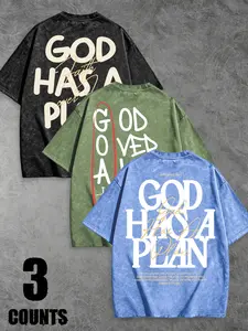 Men's "God Has A Plan" & "Faith Over Fear" Print 3-Pack Washed T-Shirts, Streetwear Casual Tees, Loose Fit #FaithBasedTeePack #ChristianStreetwear #WashedTee #3PackTees #TikTokMadeMeBuyIt
