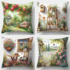4pcs-Floral Themed Throw Pillow Covers, Contemporary Floral Garden Pattern, Home Spring Décor Products, Bedroom Decorative Accessories, Suitable Living Room, Bedroom, Sofa and Bed Decoration, 2D Flat, Single Sided Printing, No Pillow Core