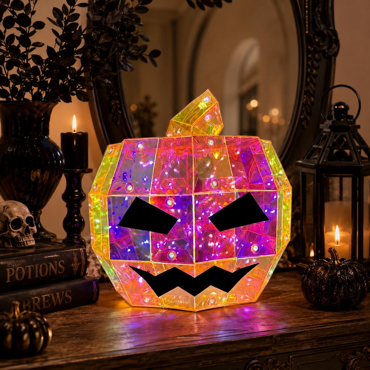 Magical Transparent Geometric Halloween Rainbow Prism Pumpkin LED Light - 15cm Battery-Operated Color-Changing Jack O' Lantern, Waterproof Indoor-Outdoor Ornaments for Home Porch Table Decoration