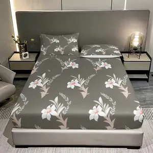 Three pieces with gray background and white lily floral patterns Print Fitted Sheet Set (1 Fitted + 2 Pillowcases), Casual Style for Bedroom or Guest Room, Bed Sheet Sets