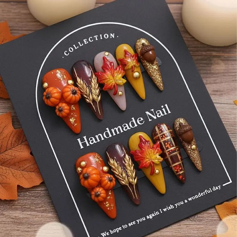 Handmade Fall Pumpkin Press On Nails | Maple Leaf, Wheat & Acorn 3D Art | Stiletto Nails For Thanksgiving Vibe