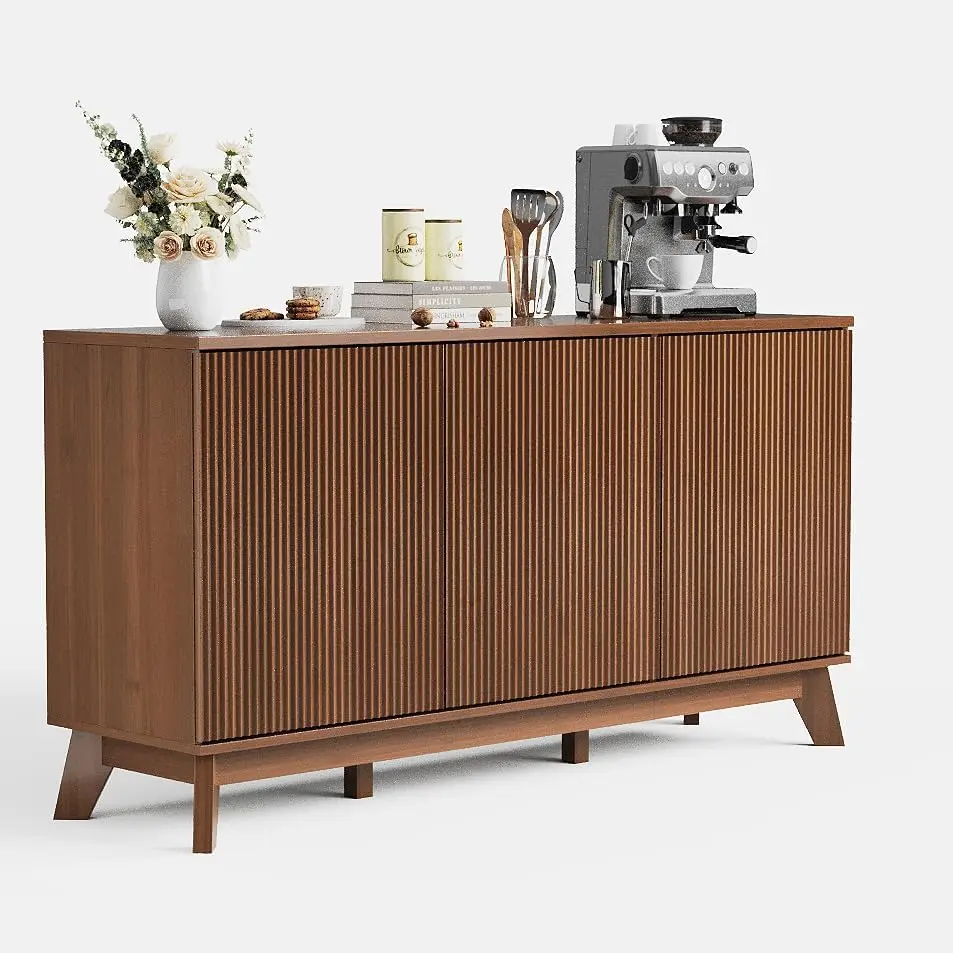 58" Modern Farmhouse Buffet Cabinet with Curved Doors & Adjustable Shelves - Wood Storage Sideboard for Dining Room, Coffee Bar Console, Living Room
