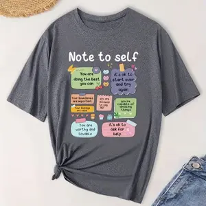 Note To Self Positive Affirmations Graphic Tee Cute Sticky Note Mental Health Oversized Grey Casual Women’s Self Love T-Shirt